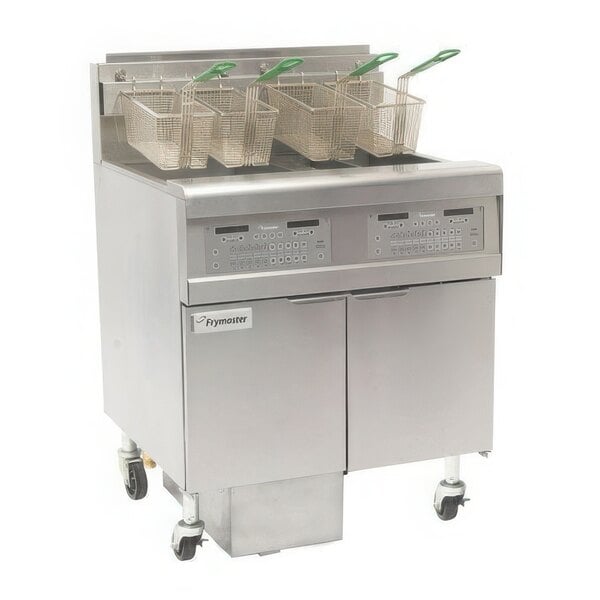 A Frymaster natural gas floor fryer with a full left frypot and right split pot with two baskets.