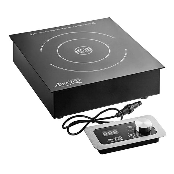 An Avantco countertop induction range with a black cord and control panel.
