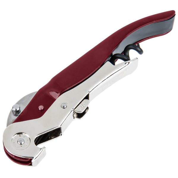 A Pullparrot waiter's corkscrew with a red handle and silver accents.