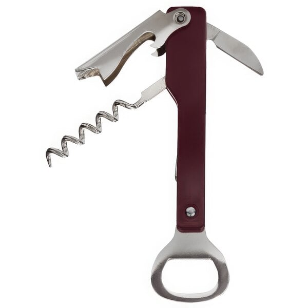 A Franmara wine steward's corkscrew with a red corkscrew and bottle opener and a burgundy handle.