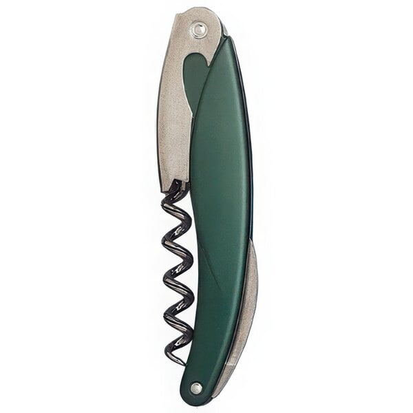 A Franmara Ketos waiter's corkscrew with a green and silver spiral and a pocket knife.