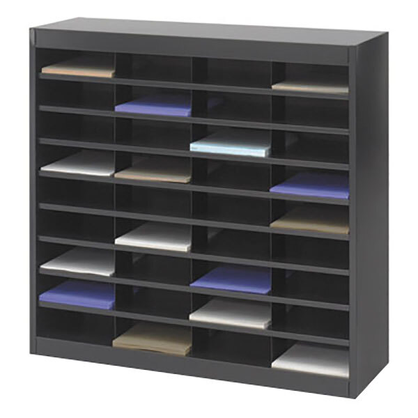 A black Safco steel file organizer with many sections for colored folders.