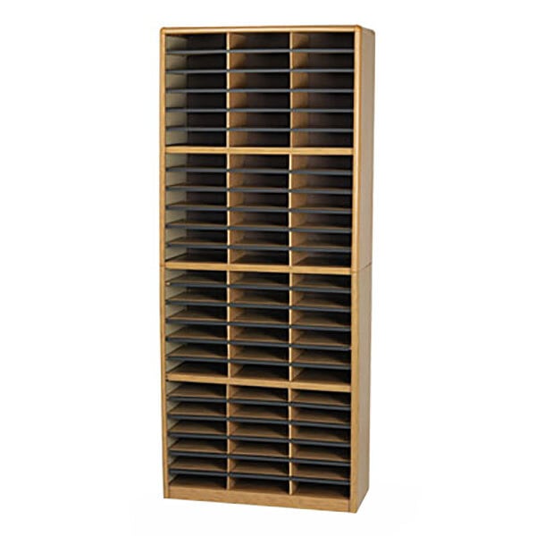 A medium oak Safco file organizer with many compartments.