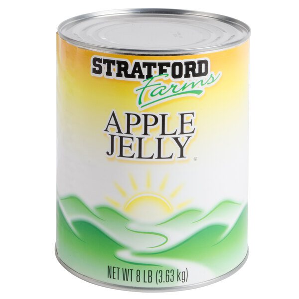 A #10 can of Stratford Farms apple jelly.