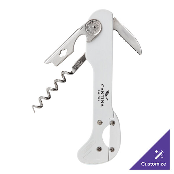 A Franmara white and silver customizable waiter's corkscrew with a cork opener.