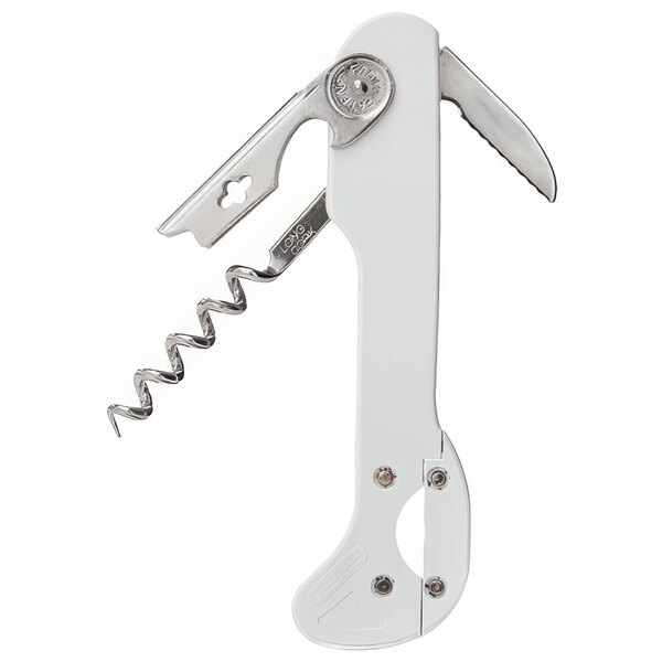 A Franmara Super Boomerang waiter's corkscrew with a white handle.