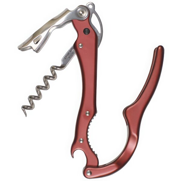 A Franmara aluminum waiter's corkscrew with a burgundy handle and silver accents.