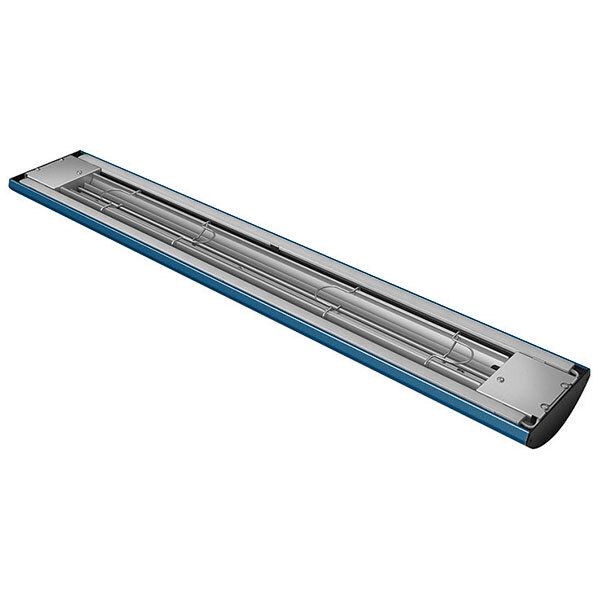 A navy blue and silver Hatco curved infrared food warmer tube with LED lights.