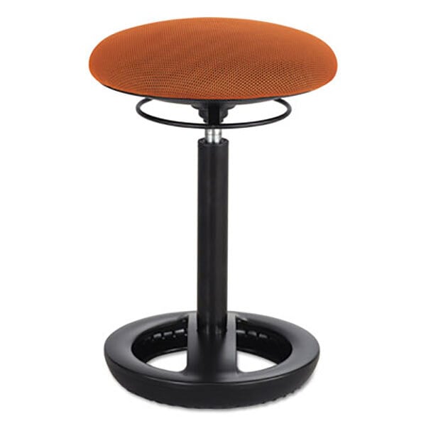 A Safco orange desk height stool with a round seat and base.