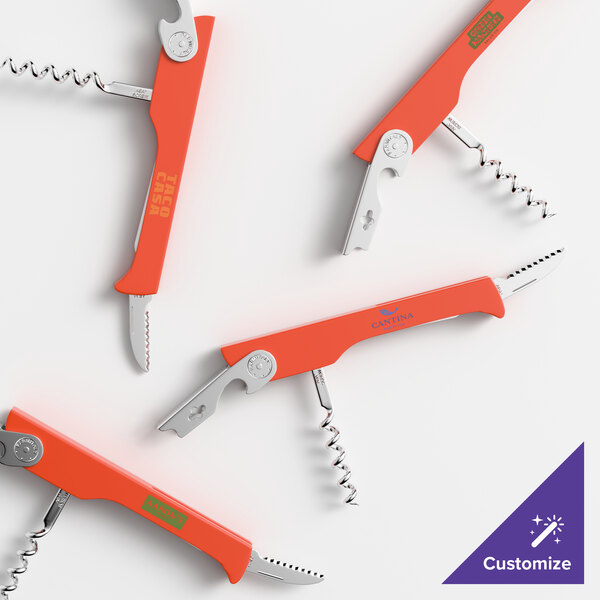 A red waiter's corkscrew with a customizable ABS plastic handle and metal components.