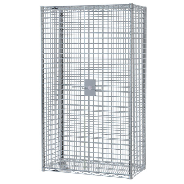 A Metro stainless steel wire security unit with a wire mesh door and lock.