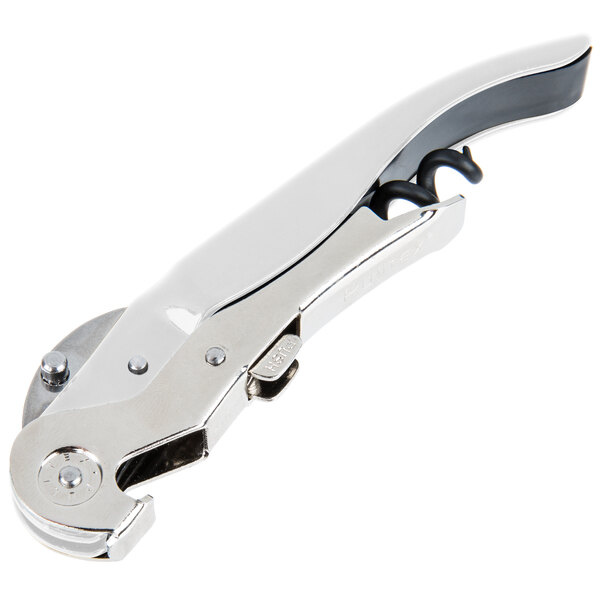 A Pullparrot waiter's corkscrew with a white handle.