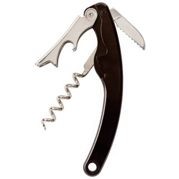 A Franmara Crescent Waiter's Corkscrew with black and silver handle and corkscrew.