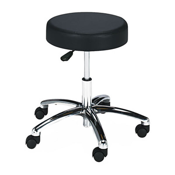 A black Safco lab stool with chrome wheels.