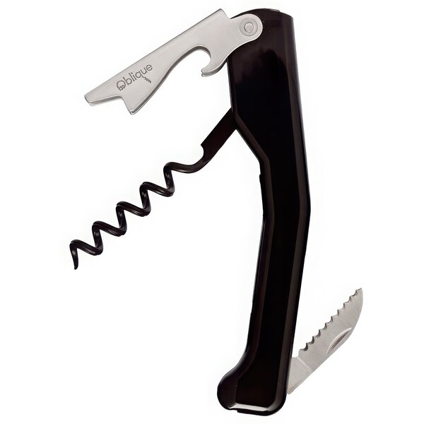 A black and silver Oblique Waiter's Corkscrew with a metal handle.