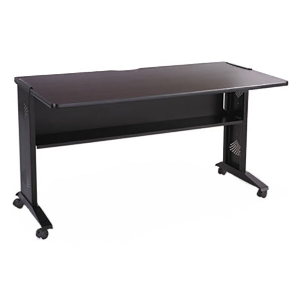 A mahogany and medium oak Safco mobile computer desk with wheels.