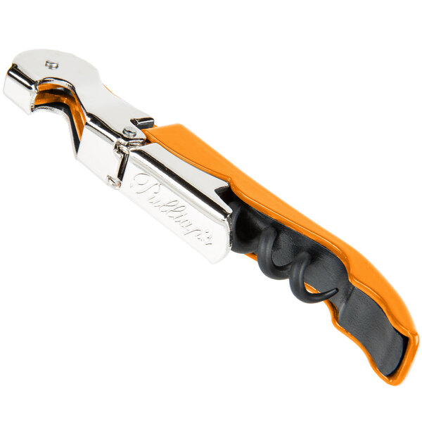A Pulltap's Original waiter's corkscrew with an orange handle and a bottle opener.
