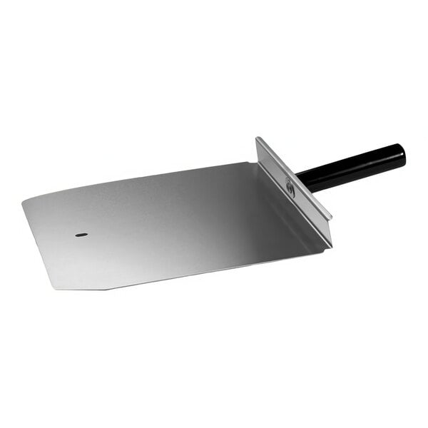 A silver metal sandwich paddle with a black handle.