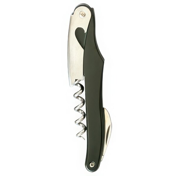 A Franmara Prestigio waiter's corkscrew with a dark green aluminum handle and silver blade.