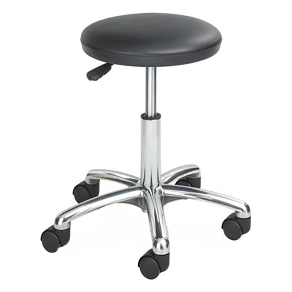 A close-up of a Safco black lab stool with wheels.