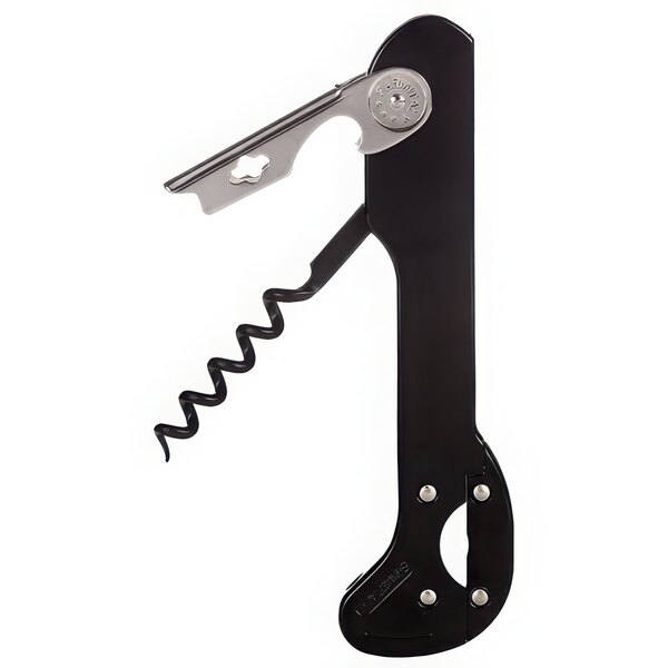 A black and silver Franmara Boomerang Waiter's Corkscrew with a bottle opener.