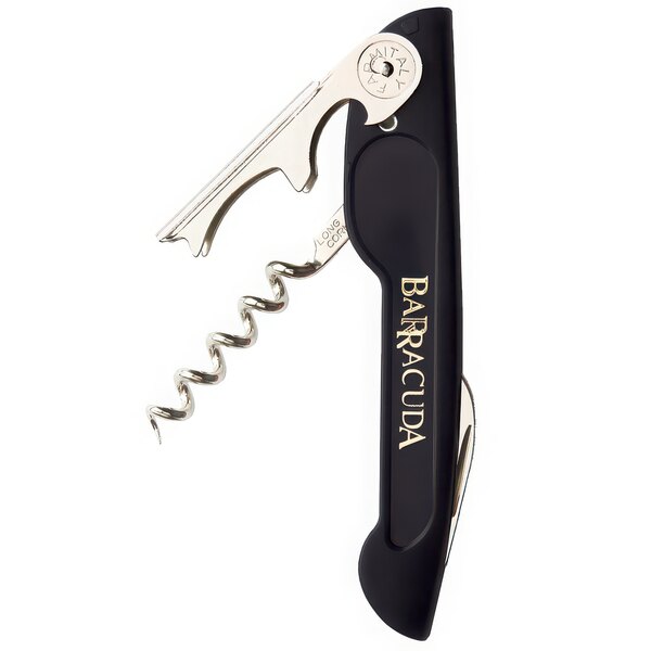 A Franmara Barracuda Two-Step Waiter's Corkscrew with a black handle.
