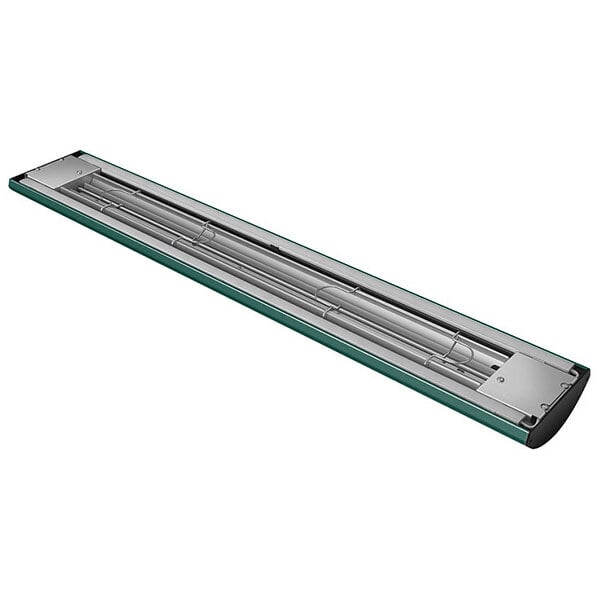 A long rectangular Hatco infrared food warmer with a green frame.