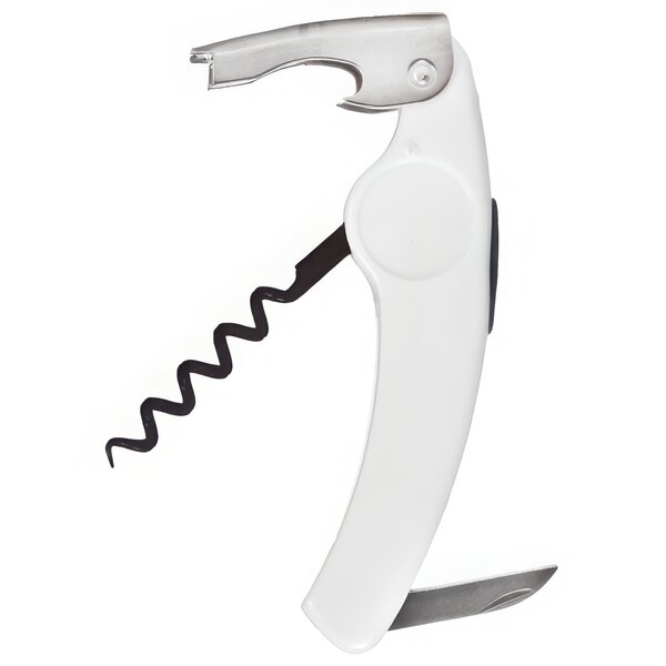 A Franmara Grenouille waiter's corkscrew with a curved white handle and a black spiral.