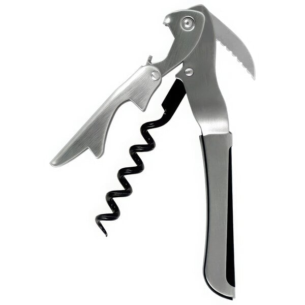 A Farfalli Gulliver double-step stainless steel waiter's corkscrew with a black handle inset and a knife.