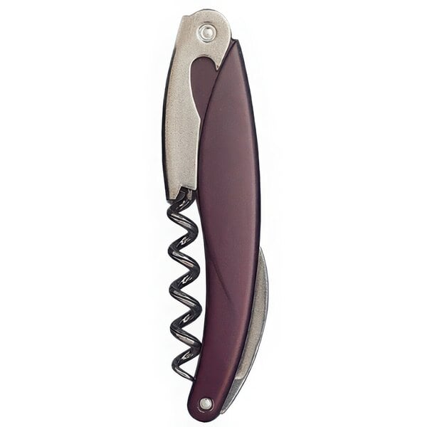 A Franmara Ketos Waiter's Corkscrew with a silver and purple aluminum handle.