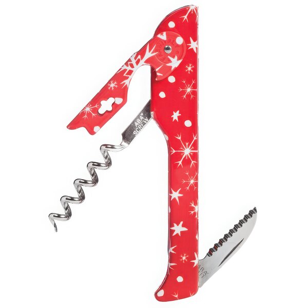 A red and white Franmara waiter's corkscrew with silver snowflakes.