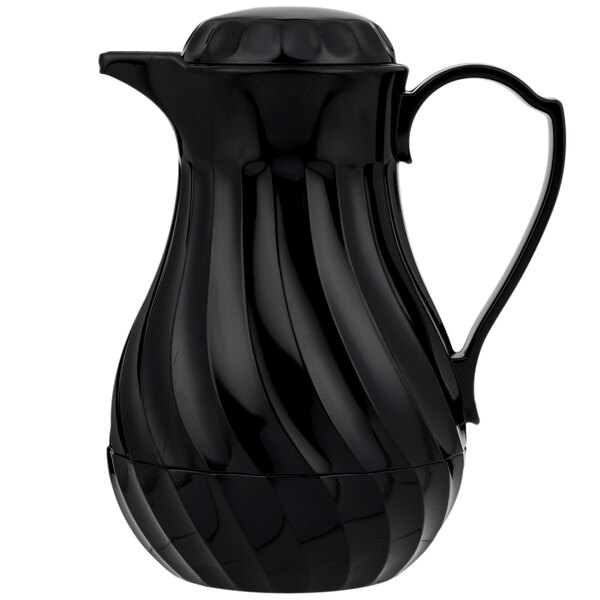 A black Vollrath SwirlServe hot-n-cold beverage server with a handle.