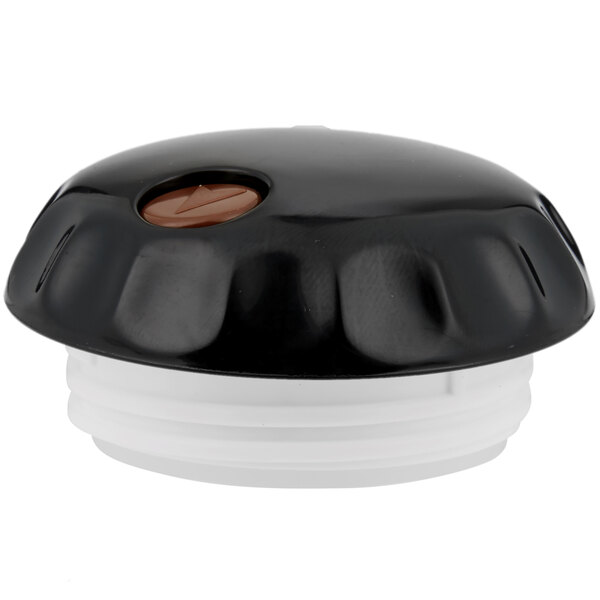 A black and white plastic cap with a brown circle on a Vollrath SwirlServe container.