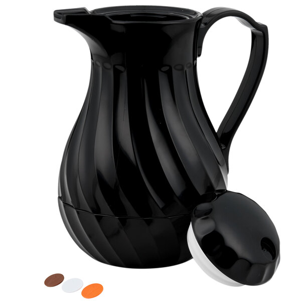 A black Vollrath SwirlServe hot and cold beverage server with a handle and a white and brown circle lid.