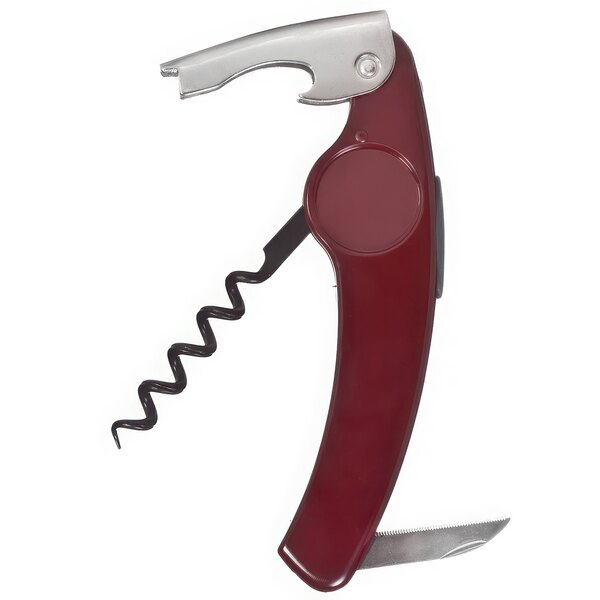 A Franmara Grenouille wine opener with a red and silver corkscrew and knife.