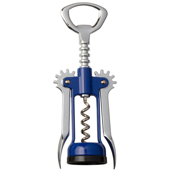 A close-up of a Franmara blue and chrome wing corkscrew with blue enameled body.