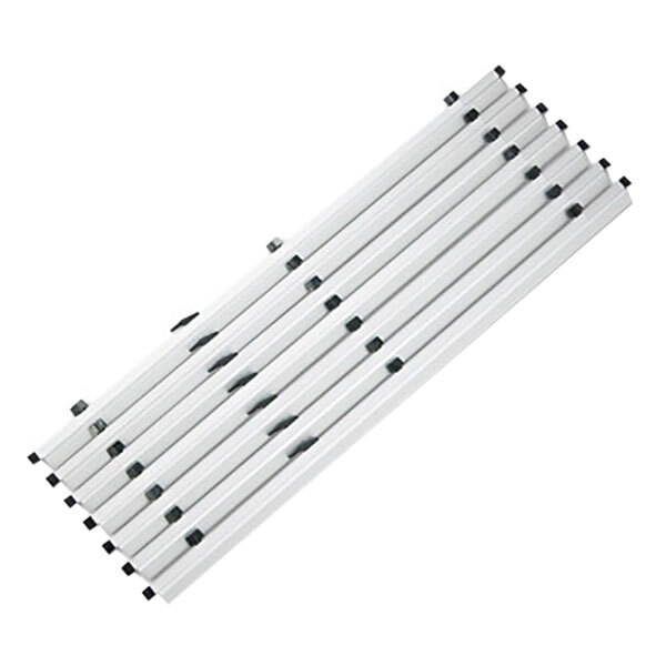 A white metal rack with four rows of black hanging clamps.