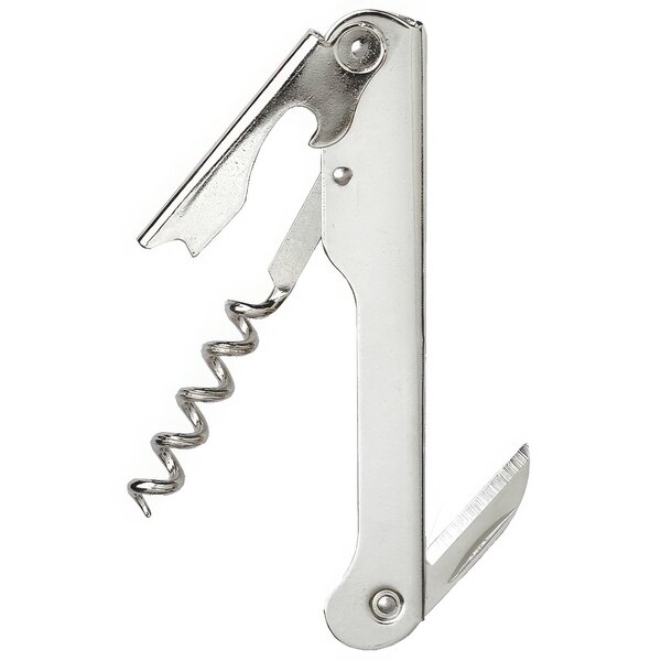 A nickel-plated Franmara waiter's corkscrew with a cork.