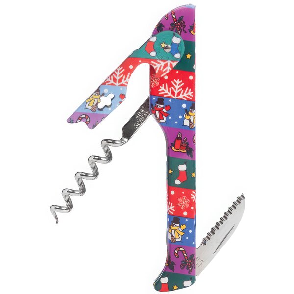 A Franmara Hugger Designer Collection Waiter's Corkscrew with a colorful wrapping paper decal.