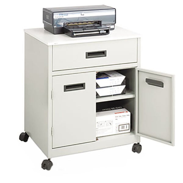 A Safco gray steel machine stand with a printer on it.