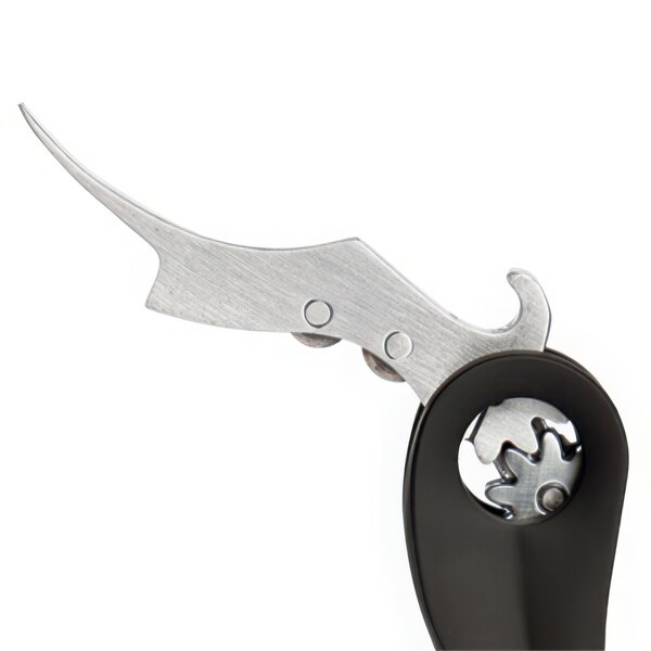 A Franmara waiter's corkscrew with a black handle and metal tool with a blade.