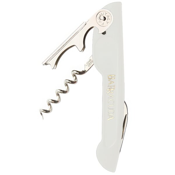 A Franmara Barracuda two-step waiter's corkscrew with a white handle.