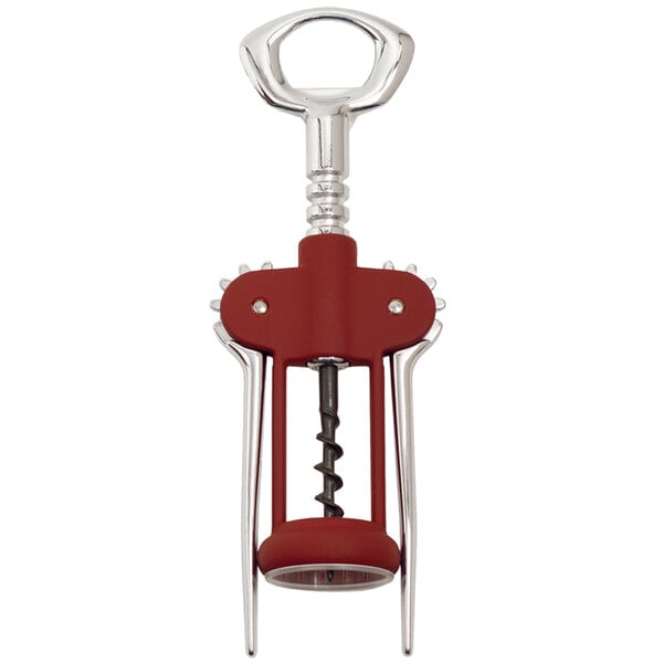 A Franmara red and silver wing corkscrew with a metal handle.