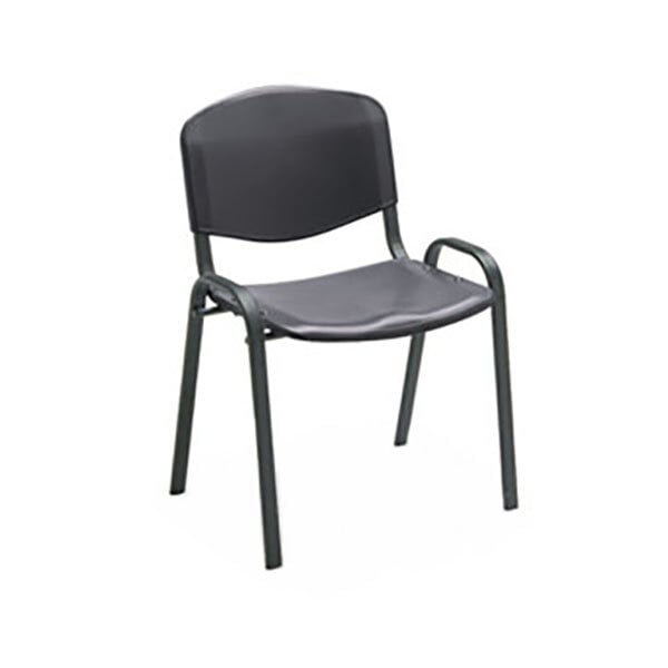 A close up of a Safco black plastic contour stacking chair with a metal frame.