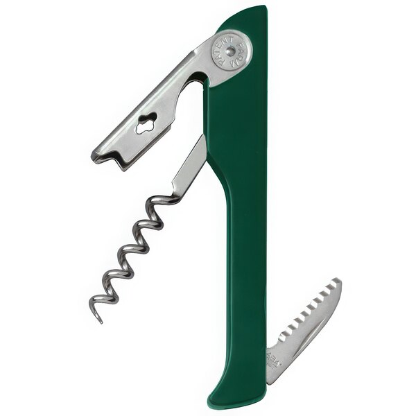 A Franmara Hugger Waiter's Corkscrew with a dark green ABS plastic handle and silver accents.