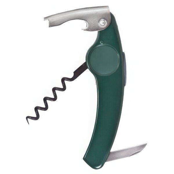 A Franmara Grenouille waiter's corkscrew with a curved green handle and a corkscrew.