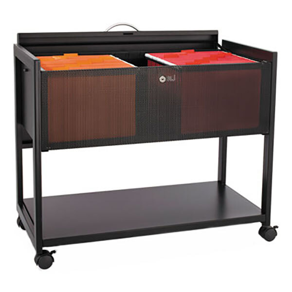 A black Safco mesh tub file cart with a drawer full of files.