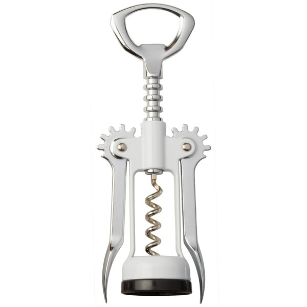 A Franmara chrome-plated wing corkscrew with a white and silver handle.