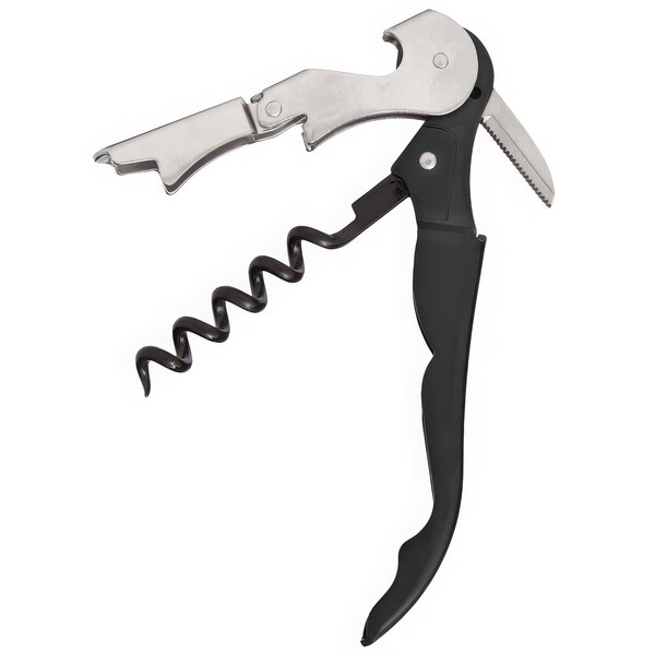 A Franmara Duo-Lever waiter's corkscrew with a black handle and silver accents.