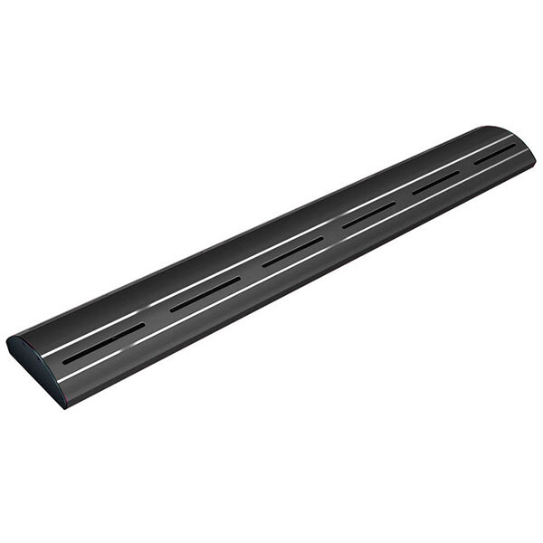 A black metal beam with a long curved black metal rectangular object at the end.